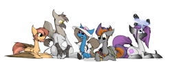 Size: 1924x698 | Tagged: safe, artist:sinrar, derpibooru import, oc, oc only, oc:amber lighting, oc:ebony orchid, oc:hazelnut, oc:mana bomb, oc:sizzle, fallout equestria, grenade, group, lighter, magic, piercing, telekinesis, weapon