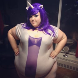 Size: 1280x1280 | Tagged: safe, artist:juicyjacqulyn, rarity, human, bbw, clothes, cosplay, costume, fat, irl, irl human, obese, photo, raritubby, solo, ssbbw