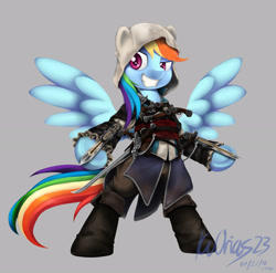 Size: 2550x2520 | Tagged: safe, artist:kvorias23, rainbow dash, pegasus, pony, assassin's creed, assassin's creed iv black flag, bipedal, blade, crossover, edward kenway, gauntlet, gun, hidden blade, high res, rainbow rogue, solo, sword, weapon