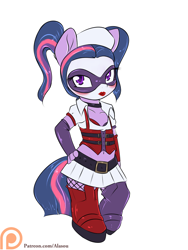 Size: 1050x1400 | Tagged: safe, artist:alasou, derpibooru import, twilight sparkle, anthro, plantigrade anthro, belly button, chibi, clothes, cosplay, costume, face paint, hand on hip, harley quinn, latex, latex boots, looking at you, mask, midriff, patreon, patreon logo, simple background, solo, voice actor joke, white background