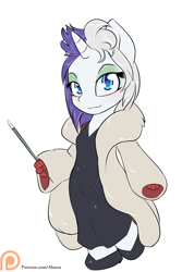 Size: 900x1350 | Tagged: safe, artist:alasou, derpibooru import, rarity, anthro, plantigrade anthro, unicorn, 101 dalmatians, black dress, chibi, cigarette holder, clothes, cosplay, costume, cruella de vil, dress, female, fur coat, looking at you, mare, patreon, patreon logo, shoes, simple background, smiling, solo, white background