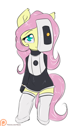 Size: 900x1500 | Tagged: safe, artist:alasou, derpibooru import, fluttershy, anthro, pegasus, breasts, clothes, cosplay, costume, cute, delicious flat chest, female, flattershy, glados, patreon, patreon logo, portal, portal (valve), shyabetes, simple background, solo, white background