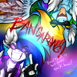 Size: 1024x1024 | Tagged: safe, artist:mimy92sonadow, derpibooru import, dj pon-3, rainbow dash, vinyl scratch, anthro, bangarang, female, lesbian, shipping, skrillex, vinyldash, vulgar