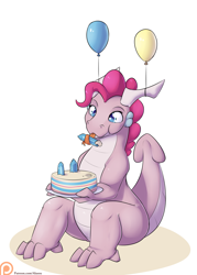 Size: 1500x2100 | Tagged: safe, artist:alasou, derpibooru import, pinkie pie, dragon, balloon, cake, dragonified, food, patreon, patreon logo, pinkiedragon, simple background, solo, species swap, white background