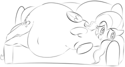 Size: 1492x799 | Tagged: safe, artist:dotkwa, fluttershy, pegasus, pony, fat, fattershy, impossibly large belly, monochrome, morbidly obese, obese, sketch, solo