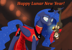 Size: 1280x905 | Tagged: safe, artist:silfoe, derpibooru import, princess luna, alicorn, monkey, pony, cheongsam, chinese new year, clothes, dress, firecracker, fireworks, floppy ears, red dress, royal sketchbook, solo, wide eyes, year of the monkey