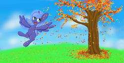 Size: 1374x705 | Tagged: safe, artist:springveil, princess luna, alicorn, pony, autumn, filly, flying, solo, woona, younger