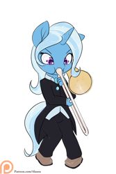 Size: 1050x1575 | Tagged: safe, artist:alasou, derpibooru import, trixie, anthro, plantigrade anthro, chibi, musical instrument, patreon, patreon logo, simple background, solo, trombone, white background