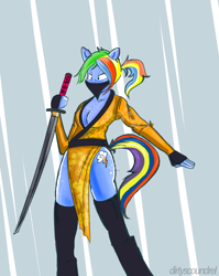 Size: 660x829 | Tagged: safe, artist:dirtyscoundrel, derpibooru import, rainbow dash, anthro, cleavage, female, katana, solo, sword, weapon