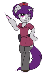 Size: 732x1097 | Tagged: safe, artist:sweetfilthyfun, oc, oc only, oc:wicked silly, pony, semi-anthro, unicorn, clothes, hair bun, nurse outfit, one eye closed, piercing, socks, solo, stockings, syringe, thigh highs, wink