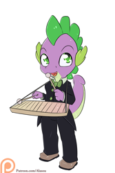 Size: 1050x1575 | Tagged: safe, artist:alasou, derpibooru import, spike, anthro, dragon, plantigrade anthro, chibi, male, musical instrument, patreon, patreon logo, simple background, solo, white background, xylophone