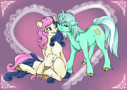 Size: 1024x728 | Tagged: safe, artist:cigarscigarettes, artist:piscella, bon bon, lyra heartstrings, sweetie drops, classical unicorn, earth pony, pony, unicorn, adorabon, chest fluff, cloven hooves, colored, cute, female, fluffy, kiss on the cheek, kissing, lesbian, lyrabetes, lyrabon, mare, missing cutie mark, shipping, unshorn fetlocks