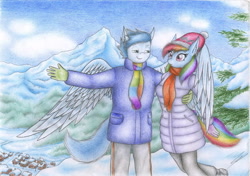 Size: 2799x1969 | Tagged: safe, artist:sinaherib, derpibooru import, rainbow dash, soarin', anthro, breasts, clothes, coat, female, male, shipping, snow, soarindash, straight, traditional art