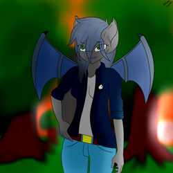 Size: 1500x1500 | Tagged: safe, artist:eclipsepenumbra, oc, oc only, oc:eclipse penumbra, anthro, bat pony, bat pony oc, bat wings, belt, clothes, cutie mark clothes, fangs, forest, green eyes, jacket, jeans, looking at you, pants, smiling, solo, sunset