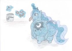 Size: 1280x901 | Tagged: safe, artist:stromysune, princess luna, alicorn, pony, cookie, cookie jar, fat, morbidly obese, obese, princess moonpig, traditional art