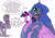 Size: 1280x905 | Tagged: safe, artist:silfoe, derpibooru import, princess luna, twilight sparkle, twilight sparkle (alicorn), oc, oc:evening melody, alicorn, bat pony, pony, dialogue, female, hug, lesbian, mare, open mouth, royal guard, royal sketchbook, shipping, speech bubble, starry eyes, twiluna, wide eyes