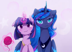 Size: 1599x1162 | Tagged: safe, artist:magnaluna, derpibooru import, princess luna, twilight sparkle, twilight sparkle (alicorn), alicorn, pony, :3, bedroom eyes, blushing, colored wings, colored wingtips, cute little fangs, fangs, female, floppy ears, hug, lesbian, looking at you, magic, mare, shipping, slit eyes, smiling, telekinesis, twiluna, winghug, yarn