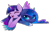 Size: 1600x1012 | Tagged: safe, artist:magnaluna, derpibooru import, princess luna, twilight sparkle, twilight sparkle (alicorn), alicorn, pony, blushing, cuddling, female, lesbian, mare, prone, shipping, simple background, snuggling, twiluna