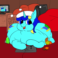 Size: 1000x1000 | Tagged: safe, artist:watertimdragon, oc, oc only, oc:jester bells, fat, hat, jester hat, looking at you, morbidly obese, obese, plot, solo, tumblr, wide hips