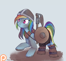 Size: 1600x1500 | Tagged: safe, artist:alasou, derpibooru import, rainbow dash, pegasus, pony, axe, cute, dirty, frown, grime, helmet, looking up, patreon, patreon logo, raised hoof, shield, solo, viking, weapon