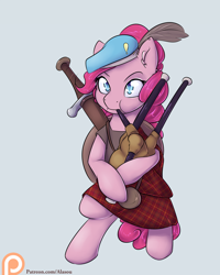 Size: 1200x1500 | Tagged: safe, artist:alasou, derpibooru import, pinkie pie, pony, bagpipes, bipedal, clothes, hat, kilt, patreon, patreon logo, scottish, shield, simple background, solo, sword, weapon