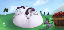 Size: 1004x476 | Tagged: safe, artist:samael, rarity, spike, dragon, pony, unicorn, apple, belly, belly bed, chubby cheeks, double chin, fat, female, immobile, impossibly large belly, male, morbidly obese, obese, raritubby, shipping, sparity, straight, stuffing