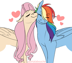 Size: 811x709 | Tagged: safe, artist:spartalabouche, fluttershy, rainbow dash, pegasus, pony, beanbrows, eyebrows, female, flutterdash, lesbian, mare, nuzzling, shipping