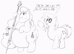 Size: 3221x2367 | Tagged: safe, dj pon-3, octavia melody, vinyl scratch, earth pony, pony, unicorn, bipedal, double bass, double chin, fat, fatavia, grayscale, monochrome, musical instrument, necktie, obese, sketch, tavi