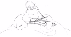 Size: 3219x1702 | Tagged: safe, artist:fatponysketches, octavia melody, earth pony, pony, double chin, fat, fatavia, monochrome, morbidly obese, necktie, obese, rolls of fat, sketch, solo, tavi, violin