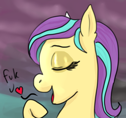 Size: 708x664 | Tagged: safe, artist:tacodeltaco, oc, oc only, oc:star shower, pony, dialogue, female, heart, mare, solo, vulgar