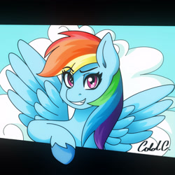 Size: 3000x3000 | Tagged: safe, artist:ciderpunk, derpibooru exclusive, rainbow dash, pegasus, pony, breaking the fourth wall, bust, cloud, portrait, sky, solo, wings