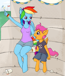 Size: 858x994 | Tagged: safe, artist:bunnycat, derpibooru import, rainbow dash, scootaloo, anthro, clothes, cute, drink, food, open mouth, pointing, scootalove, shorts, sitting, smiling, soda