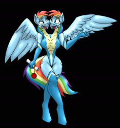 Size: 1999x2135 | Tagged: safe, artist:vladiverse, derpibooru import, rainbow dash, anthro, unguligrade anthro, black background, clothes, conjoined, conjoined twins, leotard, multiple heads, simple background, socks, thigh highs, two heads, what has magic done, wonderbolts uniform