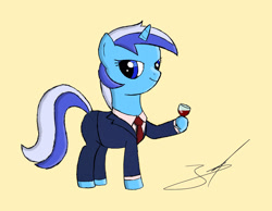 Size: 1927x1492 | Tagged: safe, artist:derpyjoel, minuette, alcohol, business suit, classy, clothes, drink, eye contact, hoof hold, necktie, solo, tuxedo, wine