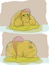 Size: 850x1116 | Tagged: safe, artist:calorie, fluttershy, food pony, goo pony, original species, blob, butter, crack, fat, fattershy, flutterbutter, food, morbidly obese, obese, solo, wall