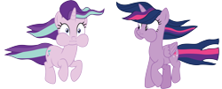 Size: 7486x3031 | Tagged: safe, artist:cloudyglow, starlight glimmer, twilight sparkle, twilight sparkle (alicorn), alicorn, pony, every little thing she does, absurd resolution, duo, duo female, female, holding breath, puffy cheeks, simple background, transparent background, vector