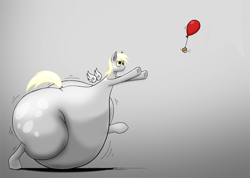 Size: 1802x1284 | Tagged: safe, artist:0particle, derpy hooves, pegasus, pony, aderpose, balloon, bottom heavy, fat, female, impossibly large butt, mare, morbidly obese, muffin, obese, plot, solo