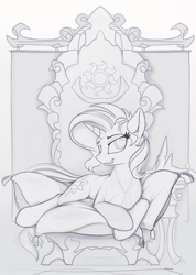 Size: 1440x2017 | Tagged: safe, artist:yakovlev-vad, derpibooru import, sunset shimmer, pony, unicorn, draw me like one of your french girls, looking at you, monochrome, prone, sketch, solo, throne