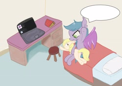 Size: 3105x2212 | Tagged: safe, artist:rusticanon, oc, oc only, oc:dizzy cream, bat pony, pony, bed, bedroom, computer, desk, discipline, female, laptop computer, mother and child, mother and daughter, over the knee, parent and child, punishment, spanking, wingless