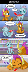 Size: 800x2020 | Tagged: safe, artist:uotapo, ocellus, smolder, changedling, changeling, dragon, :p, blushing, cute, onomatopoeia, sleeping, smolderbetes, sound effects, tongue out, translation, wings, zzz