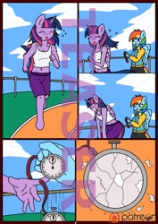 Size: 850x1200 | Tagged: safe, artist:linedraweer, derpibooru import, rainbow dash, twilight sparkle, twilight sparkle (alicorn), anthro, unguligrade anthro, comic:your time in my hands, broken, clothes, comic, exhausted, falling, jogging, racing, running, shorts, sports shorts, stopwatch, teaser