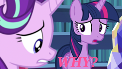 Size: 960x540 | Tagged: safe, edit, edited screencap, screencap, starlight glimmer, twilight sparkle, twilight sparkle (alicorn), alicorn, pony, every little thing she does, book, caption, library, text, twilight's castle