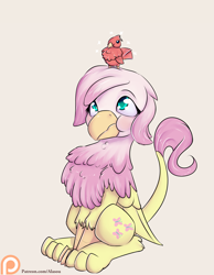 Size: 1225x1575 | Tagged: safe, artist:alasou, derpibooru import, fluttershy, griffon, griffonized, my little griffon, patreon, patreon logo, simple background, solo, species swap, white background