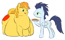 Size: 1233x766 | Tagged: safe, artist:calorie, braeburn, soarin', bhm, fat, feeding, morbidly obese, obese