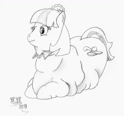 Size: 1584x1485 | Tagged: safe, artist:fatponysketches, coco pommel, rarity takes manehattan, assistant, chubby, coco pudge, fat, monochrome, obese, prone, solo