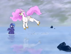 Size: 3731x2864 | Tagged: safe, artist:greyscaleart, derpibooru import, princess celestia, princess luna, alicorn, pony, cute, cutelestia, lunabetes, pink-mane celestia, royal sisters, s1 luna, sisters, swimming, wrong eye color, younger