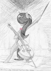 Size: 707x990 | Tagged: safe, artist:t72b, derpibooru exclusive, octavia melody, earth pony, pony, bow (instrument), bowtie, cello, cello bow, concert, monochrome, musical instrument, neo noir, partial color, pose, solo, traditional art