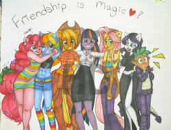 Size: 3474x2640 | Tagged: safe, artist:halidarkfire, derpibooru import, applejack, fluttershy, pinkie pie, rainbow dash, rarity, spike, twilight sparkle, anthro, abs, belly button, clothes, dress, earring, front knot midriff, grin, group shot, mane seven, mane six, midriff, overalls, pants, piercing, rainbow socks, shirt, shorts, skirt, smiling, socks, striped socks, tanktop, traditional art, tube top, watermark