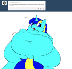 Size: 1040x1000 | Tagged: safe, artist:watertimdragon, oc, oc only, oc:jester bells, ask, belly, dialogue, fat, obese, solo, stomach noise, tumblr