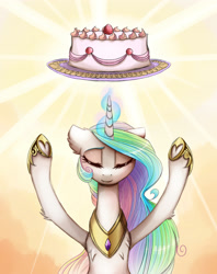 Size: 1600x2017 | Tagged: safe, artist:magnaluna, derpibooru import, princess celestia, alicorn, pony, cake, cakelestia, eyes closed, female, floppy ears, fluffy, food, glowing horn, levitation, magic, mare, smiling, solo, telekinesis, underhoof